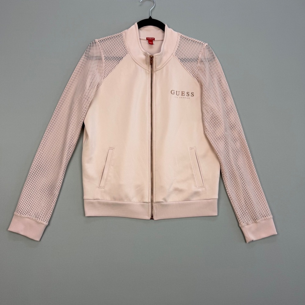 Guess Los Angeles Mesh Sleeve Track Jacket Blush Pink Full Zip Sporty Size Large